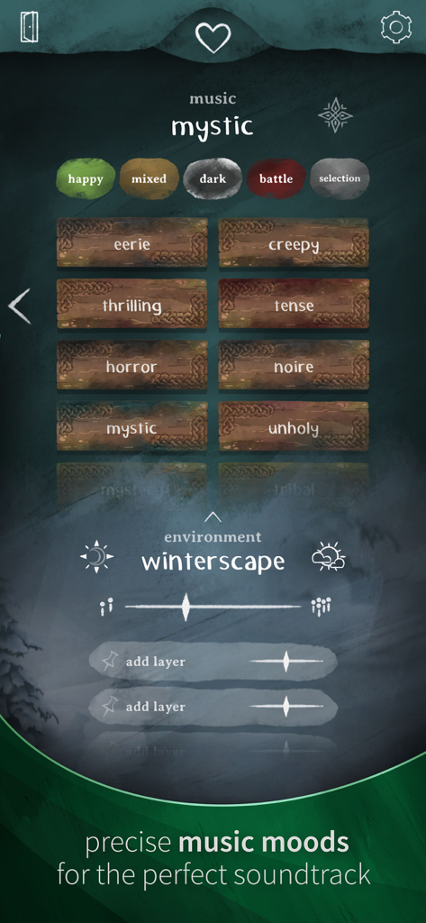 SoundTale mobile app interface for selecting fantasy RPG music moods and ambient environments