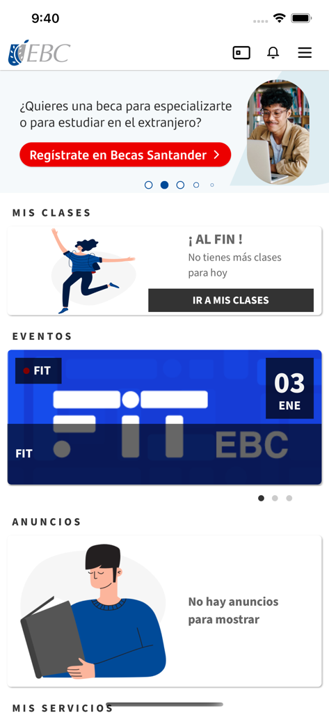 A tela inicial do aplicativo EBC Campus Digital mostrando seções para horários de aulas e eventos escolares.