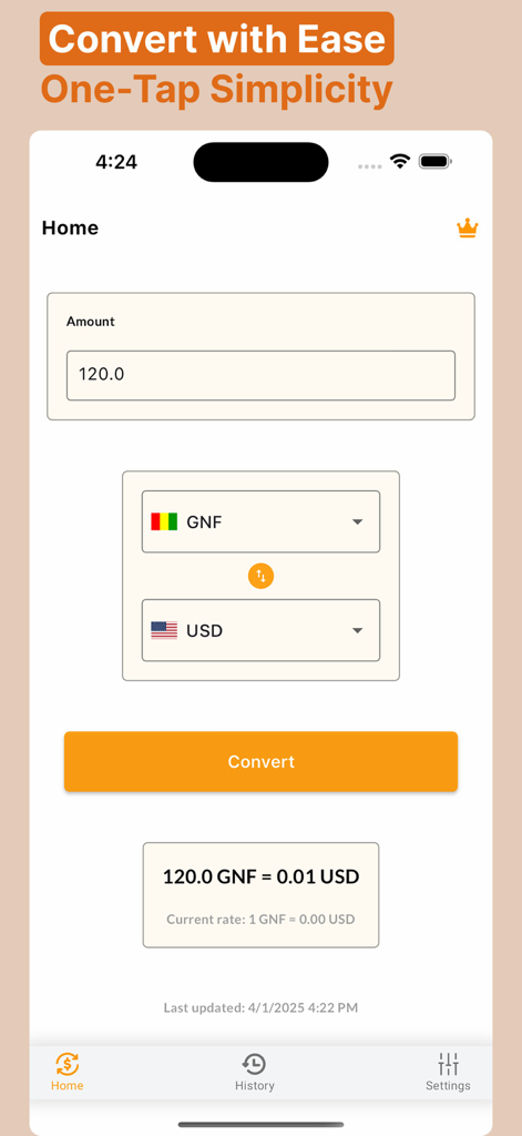 FlipRate App-Oberfläche zeigt eine einfache Währungsumrechnung von GNF in USD mit minimalistischem Design