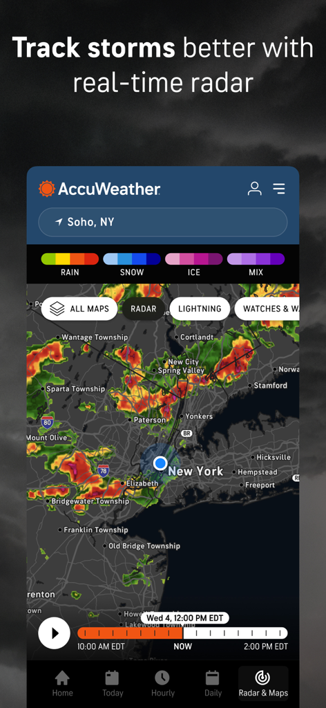 AccuWeather app interface displaying a real time radar map for tracking storms in New York