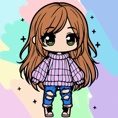 chibi girl with ripped jeans,long hair, and an oversized sweater