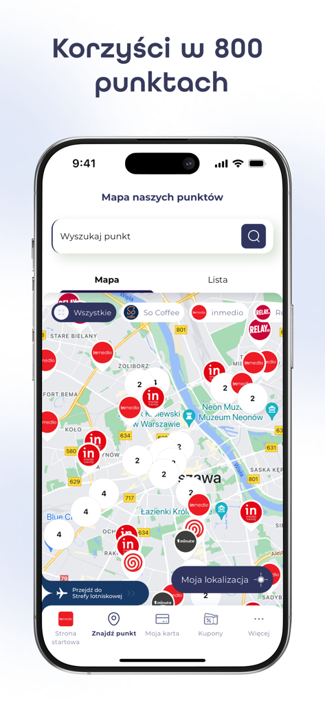 Kameleon - promocje i okazje - Mobile screen showing the Kameleon app map with various store locations like Inmedio and Relay for rewards and discounts
