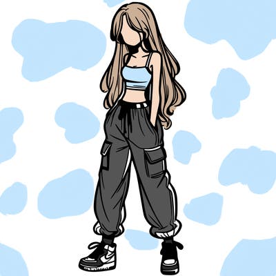 girl in baggy pants crop top and long hair
