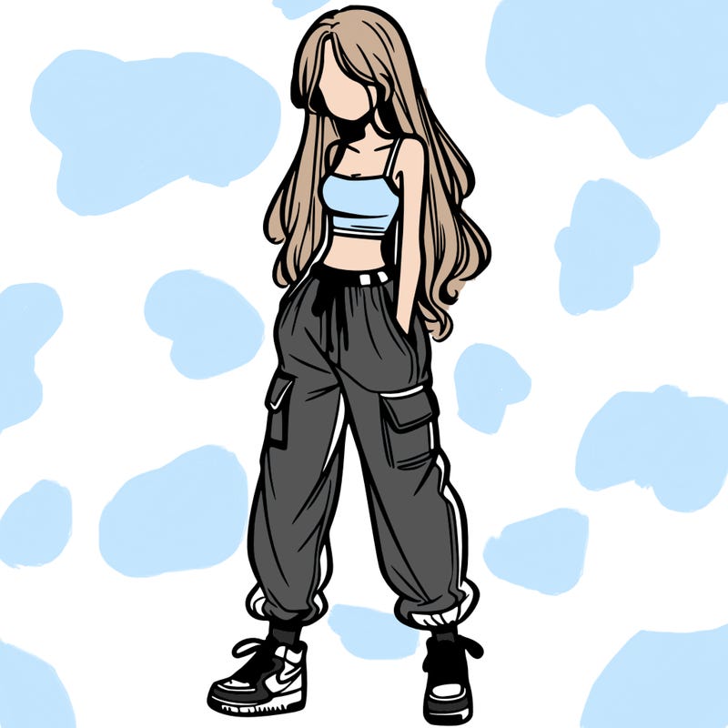 girl in baggy pants crop top and long hair