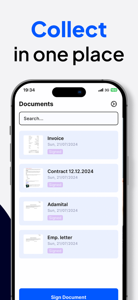 Sign Documents App - Sign Documents App内の請求書や契約などの署名済みドキュメントのリストを表示するスマートフォンの画面。
