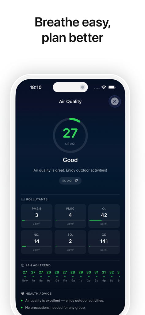 Aura — Weather & Surf - Aura Weather app air quality interface showing AQI levels and pollutants