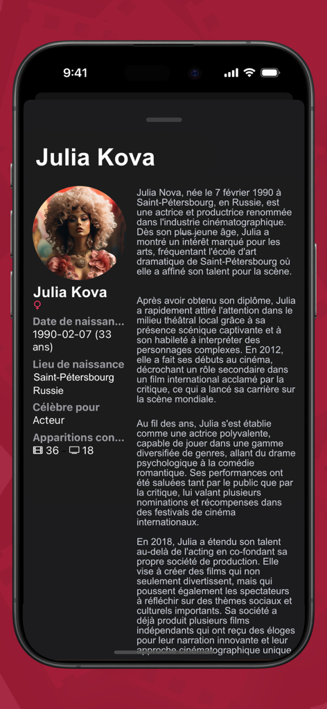 Una biografía y página de perfil de actor detallada dentro de la aplicación reproductora IPTV SeeClap