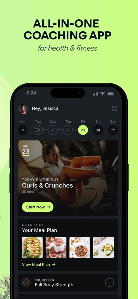 Avida: 1-on-1 Fitness Coach - Painel do aplicativo de coaching de fitness Avida com plano de treino diário e plano de refeições.