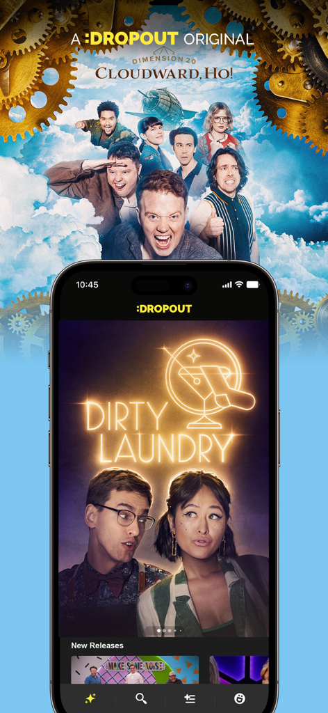 Dropout - Smartphone screen displaying the Dropout app featuring original comedy shows like Dirty Laundry and Dimension 20