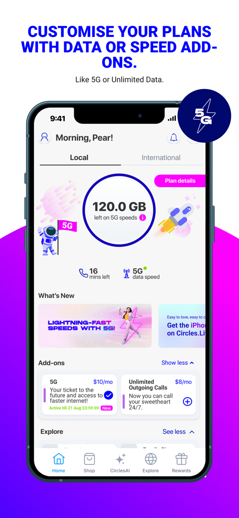 Dashboard of the Circles.Life Singapore app showing 5G data usage and mobile plan add-ons.
