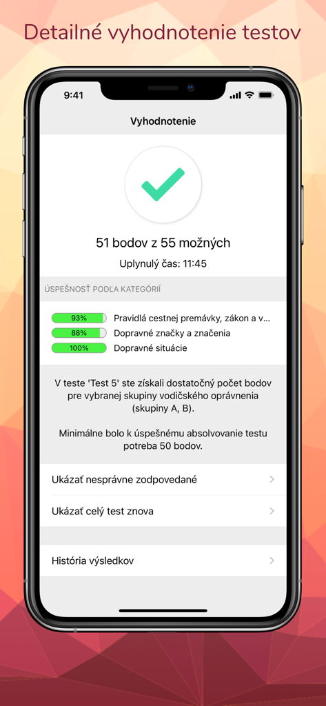 Mobile app screen showing driving license test results with total score and category performance statistics.