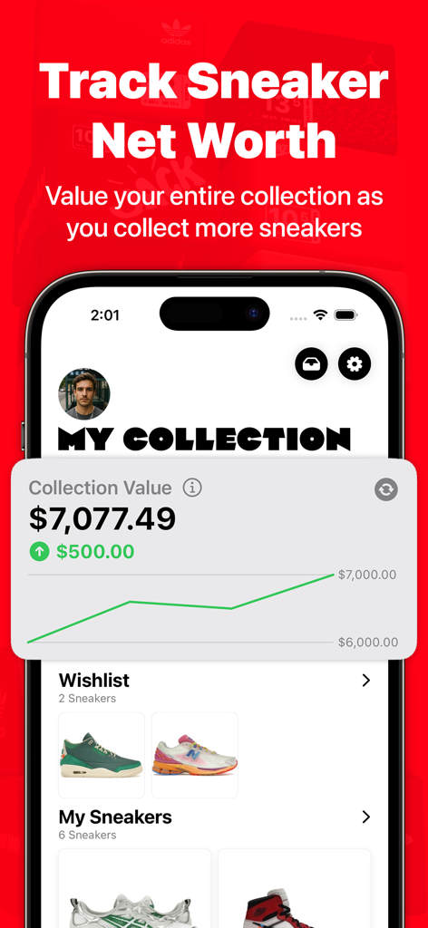 Next Drop app interface showing sneaker collection net worth and value tracking graph over time