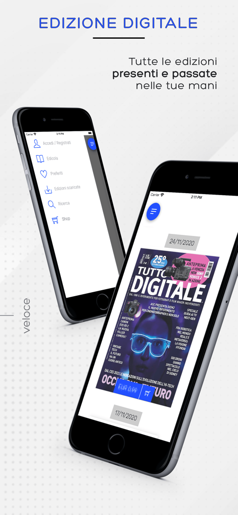 Tutto Digitale AltaDefinizione - Due smartphone che mostrano l'interfaccia della rivista digitale Tutto Digitale e il menu di navigazione con accesso agli archivi tecnologici.