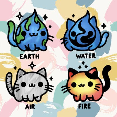 4 cats that represent the different elements, earth, water, air, and fire