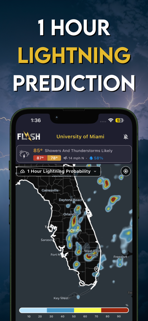 Flash Weather AI - Un smartphone affichant l'application Flash Weather AI avec une carte de prévision de foudre d'une heure pour la Floride.