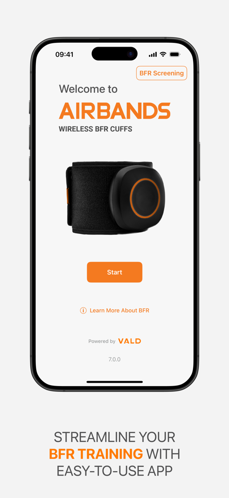 Welcome screen of the AirBands app for wireless blood flow restriction training