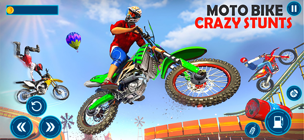 Moto Bike Stunt Racing Games - Un piloto de motocross realizando un salto alto en una moto de cross verde en un entorno 3D soleado