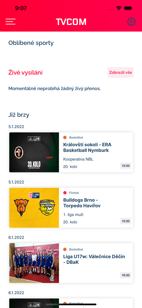 TVCOM mobile app interface showing a schedule of upcoming Czech basketball and floorball live streams.