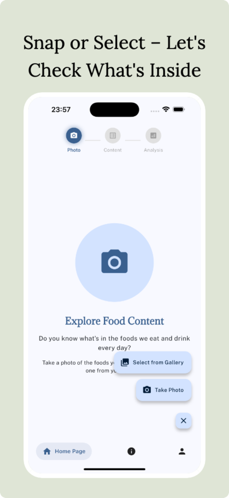 Fooducate - Food Safety - Fooducate app interface showing options to take a photo or select from gallery to analyze food ingredients