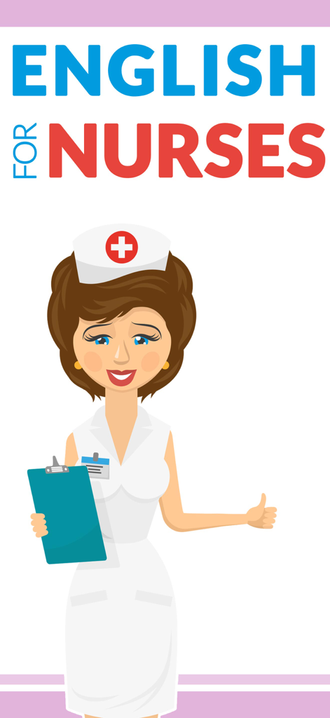 English for Nursing: Words - Personaje de enfermera de dibujos animados y texto del título de la aplicación English for Nurses