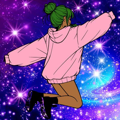 realistic girl jumping with a bun and oversized sweatshirt