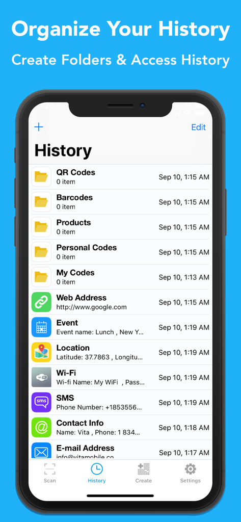 Mobile app interface showing scan history organized into folders for QR codes and barcodes
