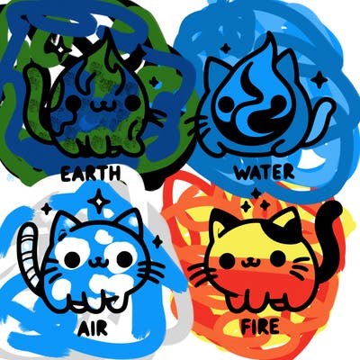 4 cats that represent the different elements, earth, water, air, and fire