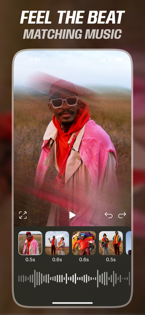 Vistory: Reels Video Editor - Vistory mobile app interface showing video clips being synced to a music waveform for social media reels.