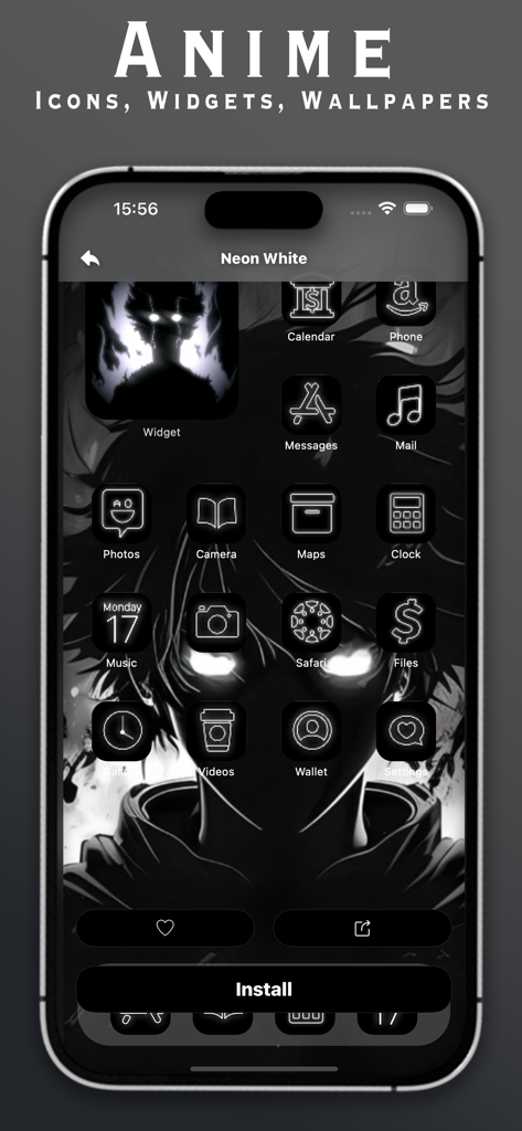 Anime Theme: Icons, Widgets - A dark monochrome anime theme for iPhone featuring neon white custom icons and a glowing-eyed character wallpaper.