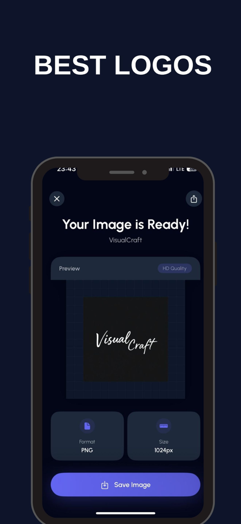 AI Logo & Photo Creator: Logen - Interface of an AI logo creator app showing a finished logo design for VisualCraft with save and format options.