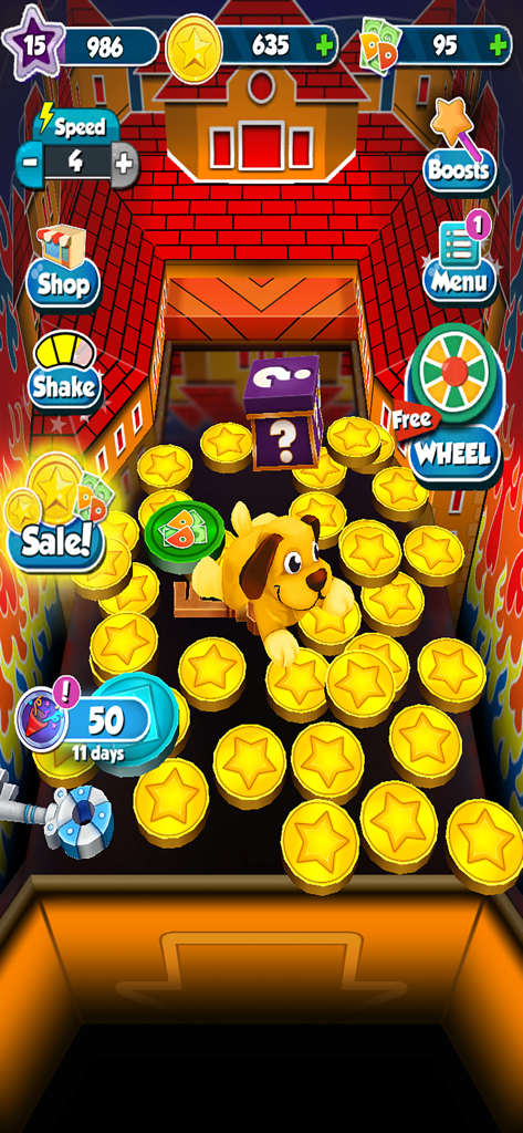 Coin Dozer gameplay screen featuring gold star coins a puppy prize and mystery box on a carnival pusher