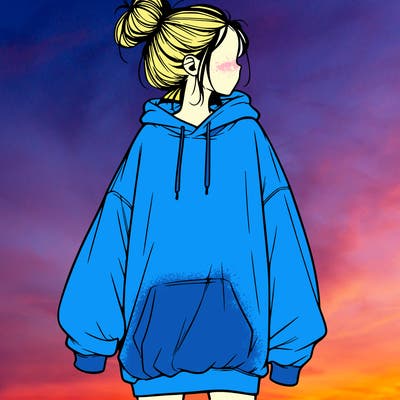 realistic girl with a oversized sweatshirt on and a bun