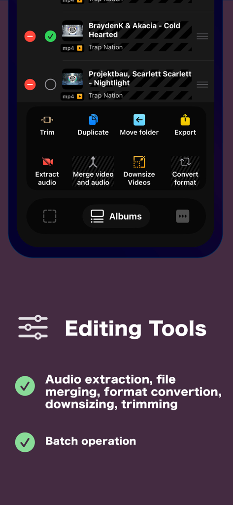 HD Video Saver - ClipCatch - HD Video Saver app editing tools screen showing options for audio extraction, file merging, and batch operations.