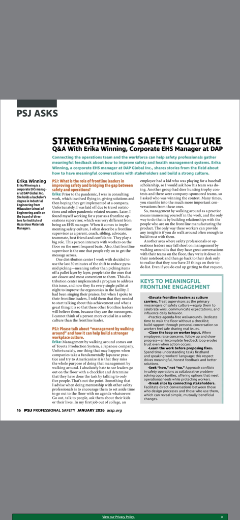 A page from the ASSP Professional Safety journal featuring a Q&A article on strengthening safety culture with Erika Winning.
