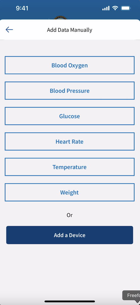 Share My Health Data - A mobile interface showing buttons to manually add health data such as blood oxygen blood pressure glucose heart rate temperature and weight
