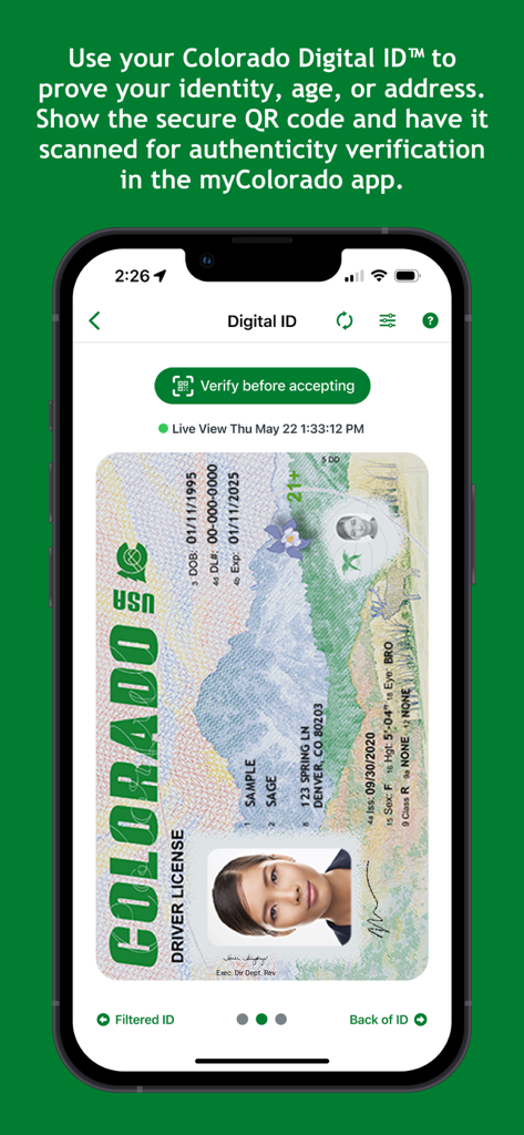 myColorado™ - Una pantalla de smartphone que muestra la función de Identificación Digital de Colorado dentro de la aplicación myColorado