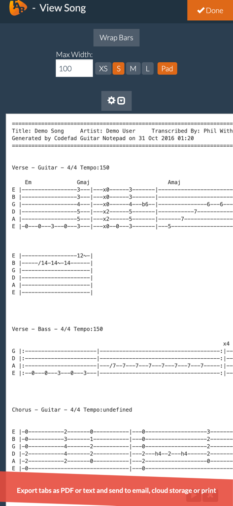 Guitar and bass tablature displayed in the Guitar Notepad app view song screen