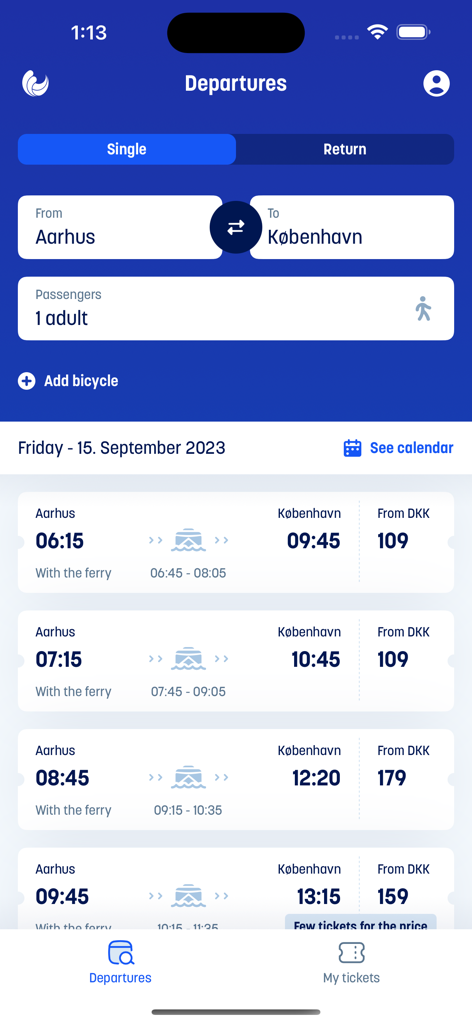Kombardo Expressen - Screenshot of the Kombardo Expressen app showing travel departures and ticket prices from Aarhus to Copenhagen.