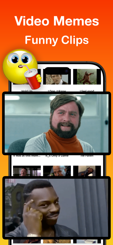 Talking Emojis app screen featuring popular funny video memes and animated clips