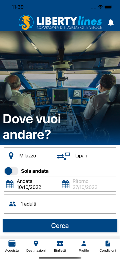 Interfaz de la aplicación móvil Liberty Lines para reservar billetes de ferry de alta velocidad entre Milazzo y Lipari en Sicilia