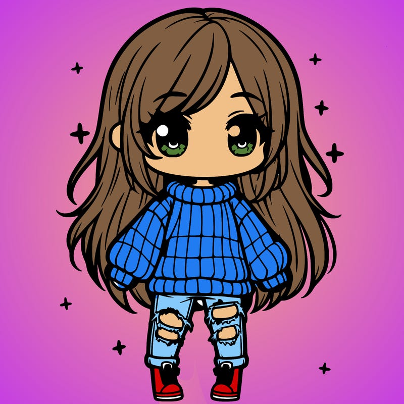 chibi girl with ripped jeans,long hair, and an oversized sweater