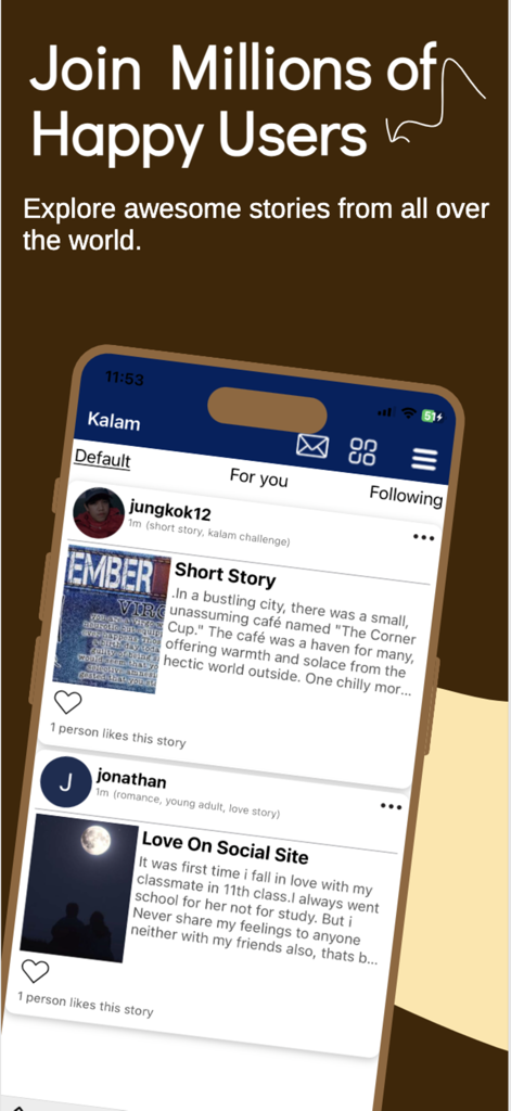 Kalam - stories app - Kalamアプリのインターフェース。短いストーリーとソーシャルインタラクションが表示されるディスカバリーフィード。
