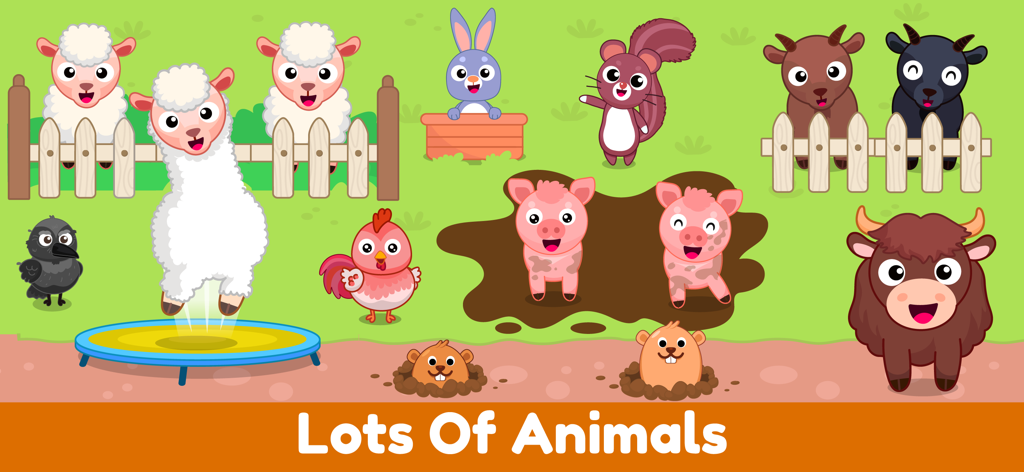 My Little Farm Game Kids World - Una varietà di simpatici animali da fattoria dei cartoni animati in un campo colorato, tra cui maiali, pecore e polli