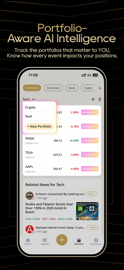 NextFin：AI-DrivenNews&Analysis - NextFin app interface showing real-time stock portfolio tracking and AI-driven analysis for tech companies.