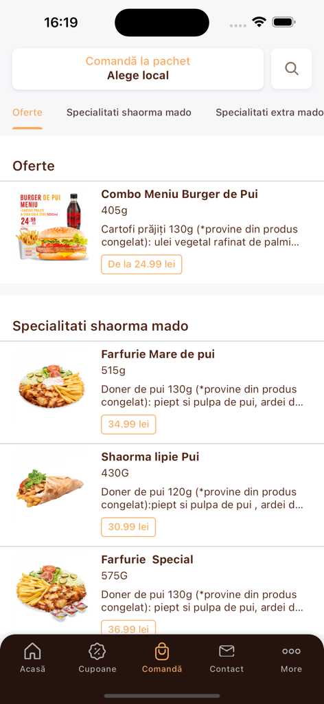 MADO Romania mobile app screen displaying the food menu with burger and shawarma offers.