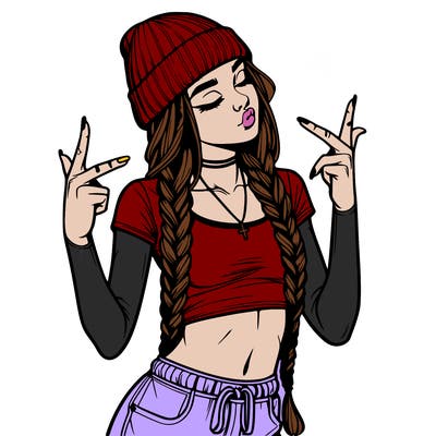 realistic teenage girl with braids and a beanie and crop top doing 🫶🏼