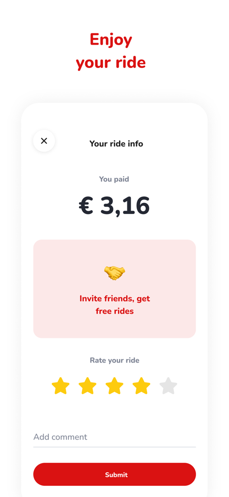 Zippy Rides - Pantalla de la aplicación Zippy Rides que muestra el total del pago de 3,16 euros y una sección de calificación del viaje