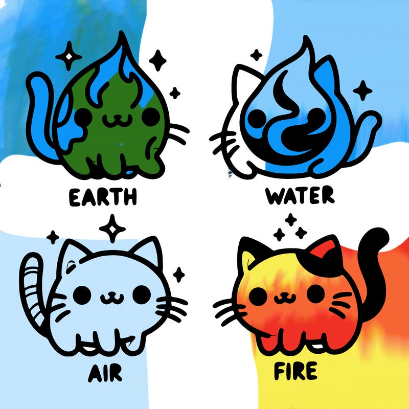 4 cats that represent the different elements, earth, water, air, and fire