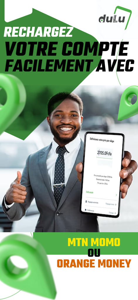 Dulu - A smiling man in a suit holding a phone displaying the Dulu app interface for setting ride prices with text about account recharging via MTN MoMo or Orange Money