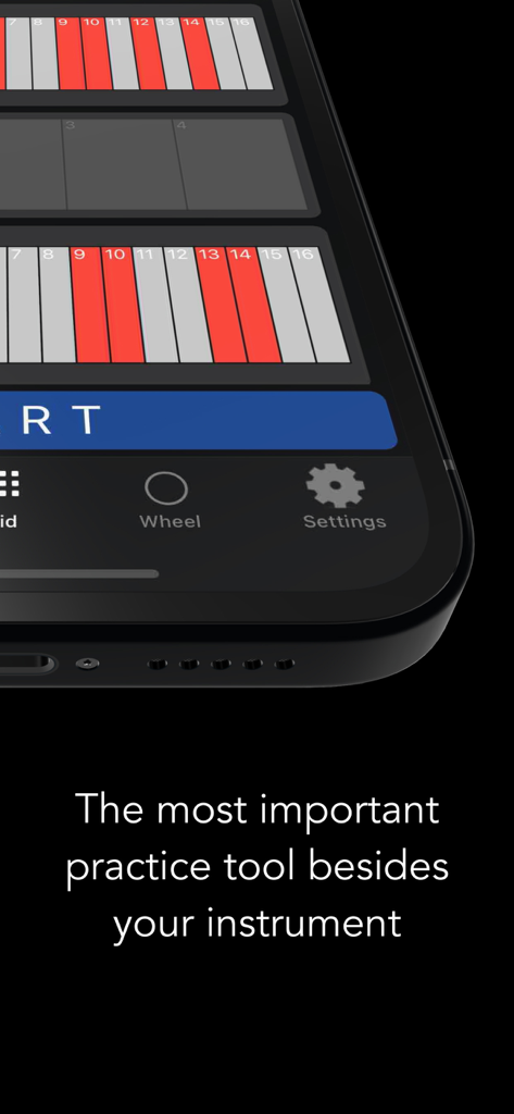 Metronomics Metronome - Metronomics app displaying a rhythmic grid on a smartphone screen with the text The most important practice tool besides your instrument